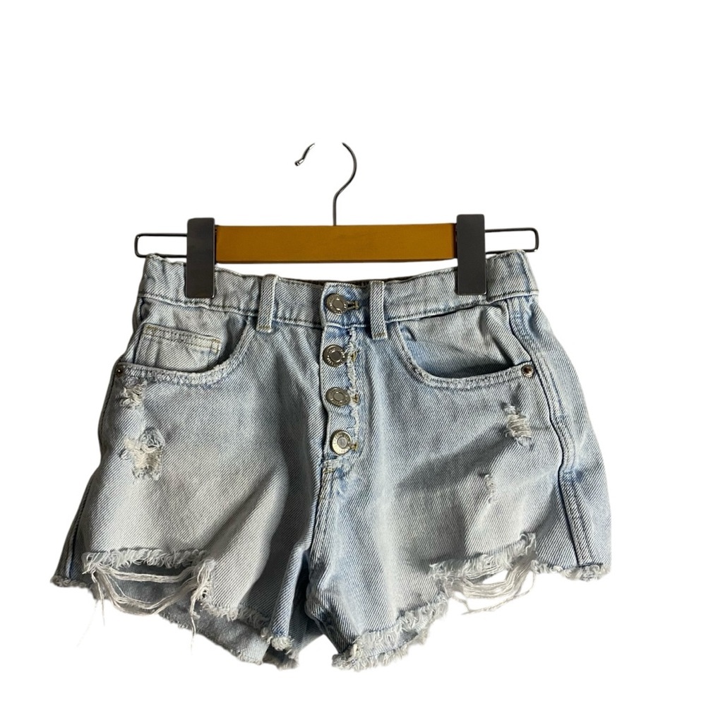 Zara Girl's Light Wash Distressed Button Fly Denim Shorts